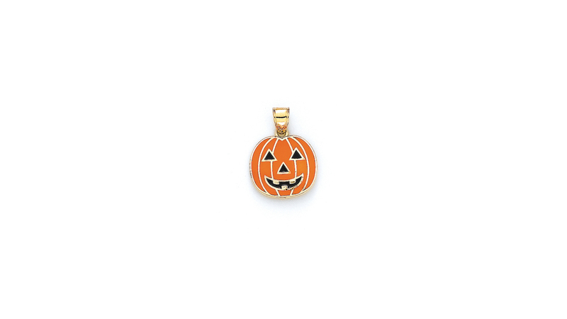 <a href="https://cgcreations.com/" target="_blank">Gold Horizons </a> 14-karat gold enameled pumpkin pendant ($375)