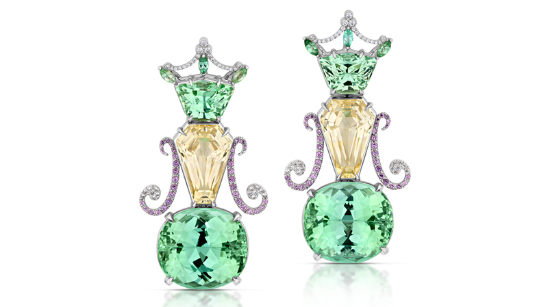 <b>Best Use of Color. </b>Robert Galustian of Robert Guild Jewelry Corp.’s 18-karat gold QEII earrings featuring two cushion-cut mint green tourmalines (21.54 total carats) accented with two matching pair keystone-cut yellow sapphires, calf-cut kornerupines, 72 round amethysts, 66 round diamonds, and six marquise-cut green tourmalines