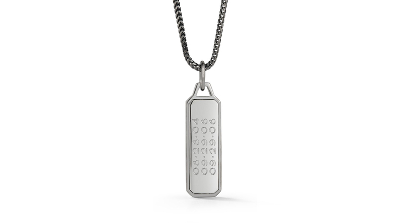 <a href="https://waltersfaith.com/collections/men/products/carrington-18k-id-tablet-necklace" target="_blank">Walters Faith </a>18-karat white gold with black rhodium engravable ID tablet pendant ($4,950)