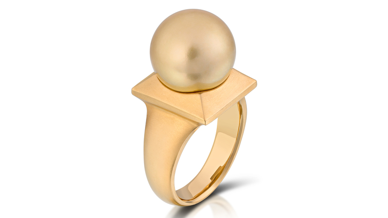 <b>Best Use of Pearls.</b> Laurie Reid of LFR Studios’ 22-karat yellow gold ring featuring a 13.2 mm cultured golden South Sea pearl