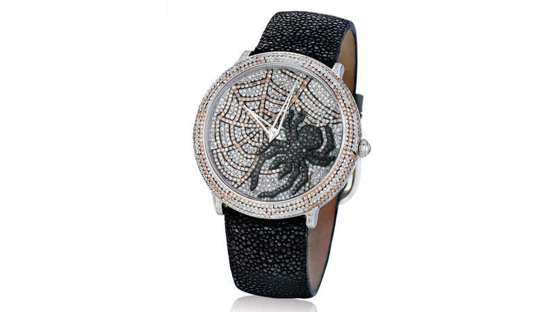 <a href="http://levian.com/product-detail/0/ZAG-239" target="_blank">Le Vian Time </a> stainless steel quartz spider web watch with diamonds ($11,995)