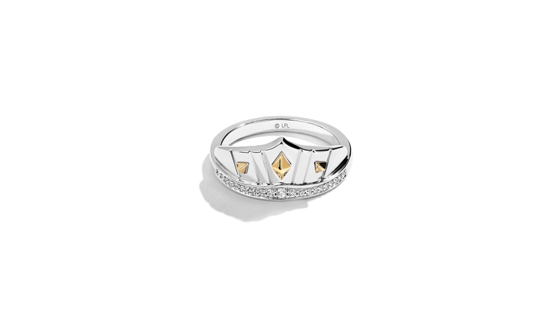 A sterling silver ring inspired by the shape of Ahsoka Tano’s headdress, featuring 10-karat yellow gold accents and round-cut diamonds ($349.99)