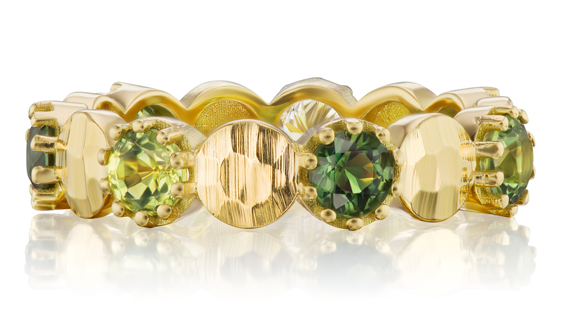 Greens and Gold Almost Eternity Band in 18-karat Fairmined yellow gold with 1.56 carats of Australian sapphires and 0.02 carats of diamonds ($3,750)