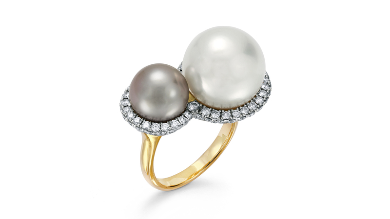 <a href="https://pamelahuizenga.com/" target="_blank">Pamela Huizenga Jewelry</a> 18-karat yellow gold ring with South Sea pearl, Tahitian pearl, and diamonds ($22,000