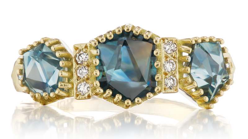 Three Stone Geocut Ring in 18-karat Fairmined yellow gold with 2.93 carats of geocut blue Montana sapphires and 0.8 carats of diamonds ($7,875)
