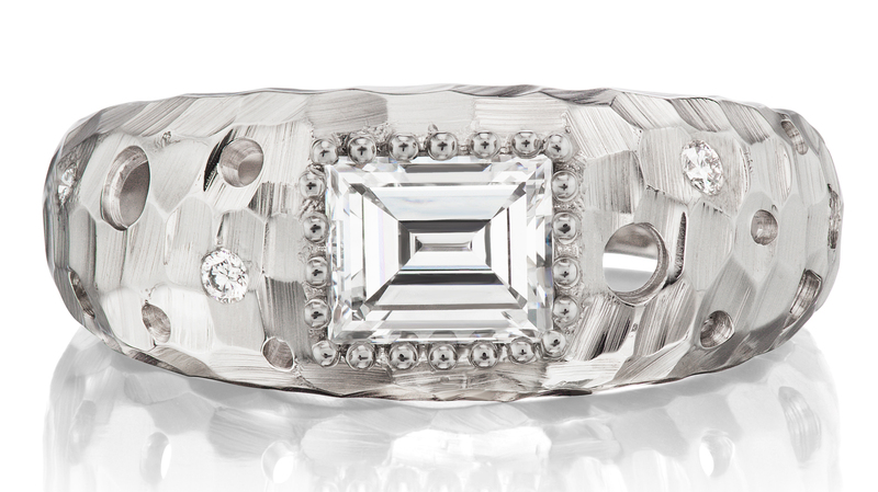 Hammered Gypsy Band in 18-karat Fairmined white gold with 1.0-carat baguette-cut diamond and 0.05-carat diamond melee ($14,980)