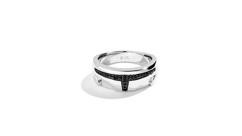 A sterling silver men’s ring, featuring black diamonds and black rhodium in a T-shape as a nod to the Mandalorian’s visor ($349.99).