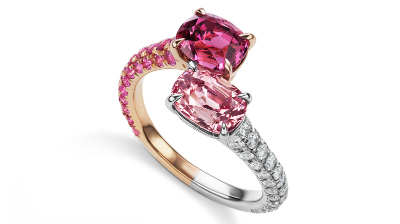 <a href="https://www.alexiaconnellan.com/toi-et-moi-ring/" target="_blank"> Alexia Connellan</a> “Toi et Moi Ring” with a cushion-cut spinel, pink sapphire melee, and diamonds set in 18-karat pink gold (price upon request)