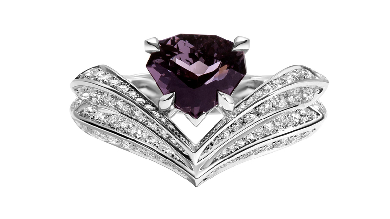 <a href="https://www.mareinewyork.com/products/dorian-floating-shield-cut-purple-spinel-engagement-ring-in-18k-white-gold?_pos=2&_sid=3f9947b3f&_ss=r" target="_blank"> Marei New York</a> purple spinel ring in 18-karat white gold ($18,250)