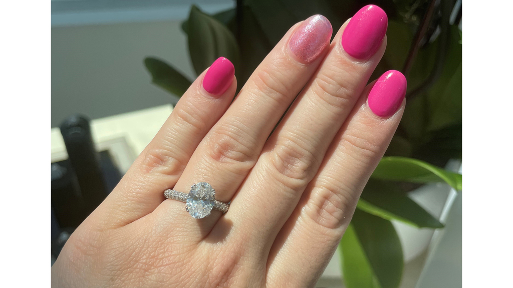 Associate Editor Lenore Fedow got a first look at the new Pnina Tornai collection at a brunch held last month in Brooklyn, New York. Seen here is a 14-karat two-tone gold engagement ring, set with a round 2-5/8-carat lab-grown diamond ($14,999).