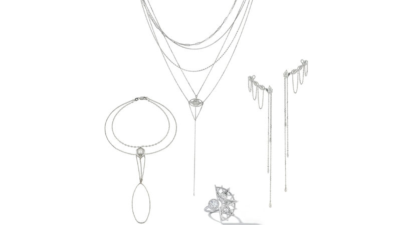 Clockwise from left, the “Earth” hand chain retails for $16,745 while the “Air” necklace is $18,400, the “Water” earrings are $21,395, and the “Fire” ring is $51,295.