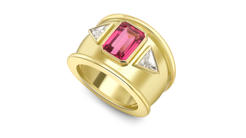 <a href="https://www.theofennell.com/" target="_blank"> Theo Fennell</a> 18-karat yellow gold, pink spinel, and diamond “Bombe” ring (€23,950, or approximately $28,180 per current exchange rates)