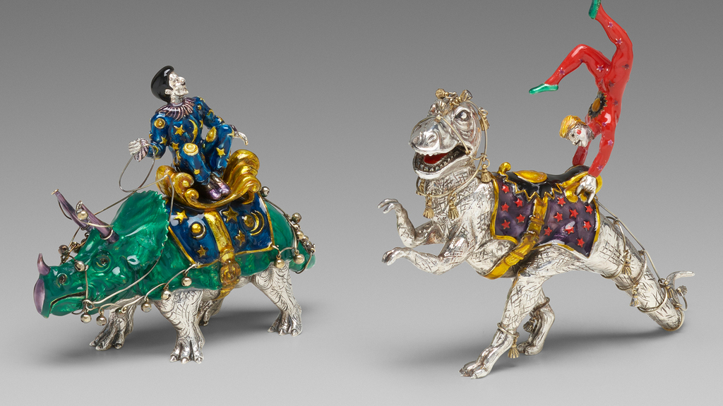 Gene Moore was known for his whimsical creations, like these figurines of acrobats on top of a Tyrannosaurus rex and a Triceratops. This pair sold for $16,250, more than double the high-end of its $6,000 to $8,000 estimate.