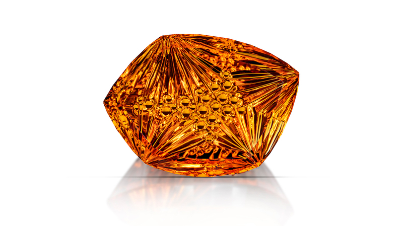 <b>Innovative Faceting, First Place.</b> John Dyer for Somewhere in the Rainbow’s 147.96-carat orange golden citrine titled “Crescendo”