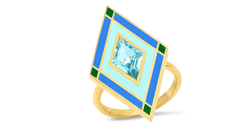 <a href="https://www.sigwardjewelry.com/" target="_blank">Sig Ward Jewelry</a> 18-karat yellow gold “Barclay” aquamarine and enamel ring ($3,656)
