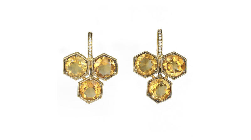 <a href="https://www.cathywaterman.com/" target="_blank"> Cathy Waterman</a> blackened 22-karat yellow gold triple hexagonal citrine earrings with diamonds ($4,920)