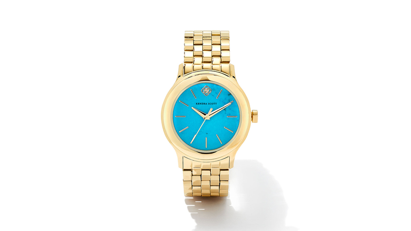 The “Alex” gold tone stainless steel 35mm watch with a turquoise-colored magnesite dial ($248)