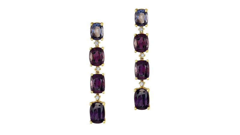 <a href=" https://aggems.com/" target="_blank"> AG Gems</a> 18-karat yellow gold earrings featuring eight purple-gray untreated spinels accented by white diamonds ($11,000)