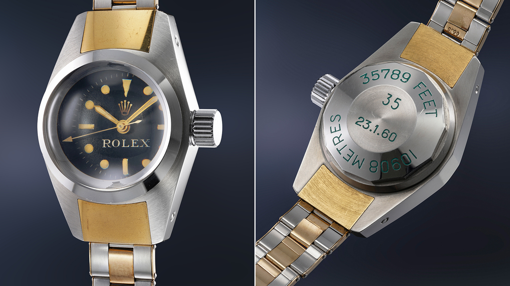At left, a front view of the stainless steel Rolex “Deep Sea Special;” at right, the engraved caseback, which features the watch’s number in the series, 35, as well as the date and depth of Rolex’s successful test with the second Deep Sea Special prototype.