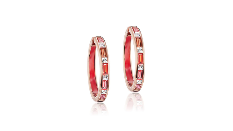 <a href=" https://www.janetaylor.com/" target="_blank"> Jane Taylor</a> one-of-a-kind 14-karat rose gold hoops with spinel baguettes and French-cut diamonds with red enamel ($4,345)