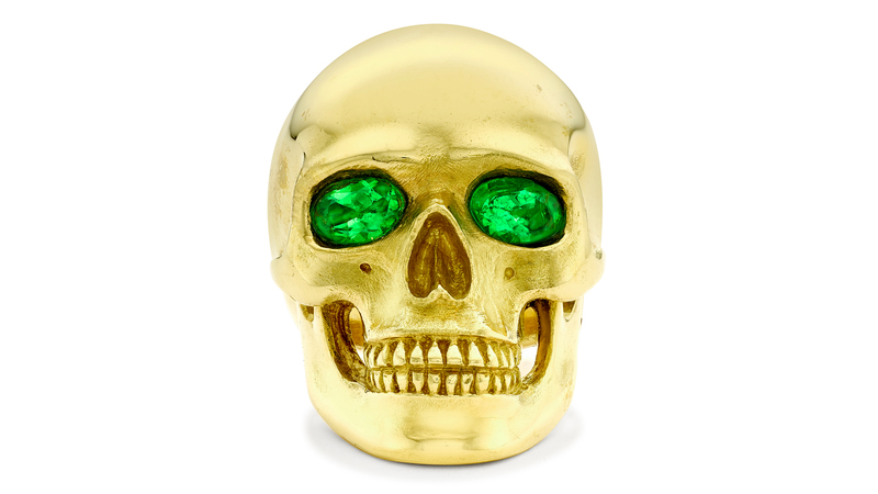 <a href="https://www.theofennell.com/product/yellow-gold-tsavorite-skull-ring/" target="_blank">Theo Fennell </a> 18-karat yellow gold skull ring with tsavorite eyes ($5,750)