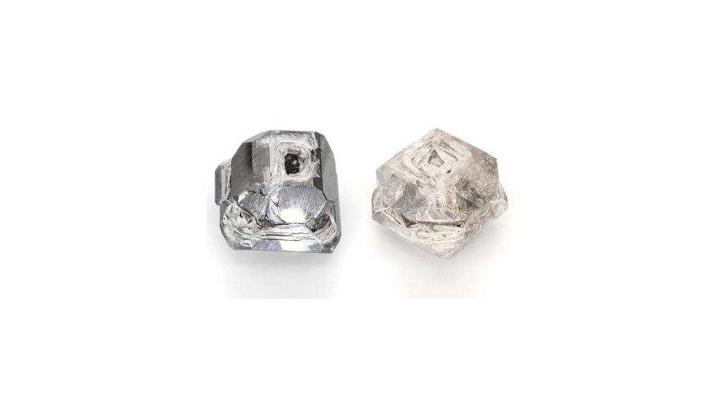 Pictured at right is the 150.42-carat lab-grown rough diamond produced by Meylor Global, while the 141.58-carat stone is pictured at right. Pictured at right is the 150.42-carat lab-grown rough diamond produced by Meylor Global, while the 141.58-carat stone is pictured at right.