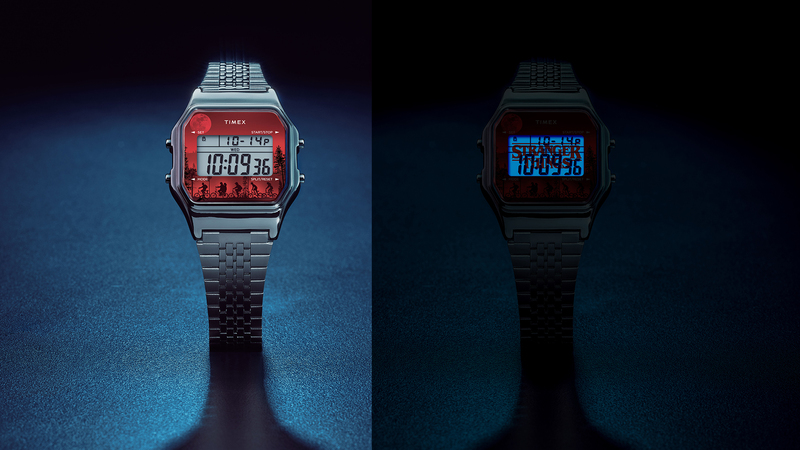 The Timex T80 x Stranger Things watch. The new watches all have an “Indiglo” backlight, a feature that uses an electroluminescent panel to evenly illuminate the watch dial.