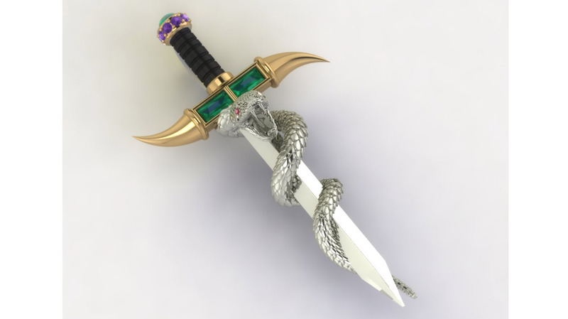 Retailer: Best in Show.  Rogers Jewelry Co., Designed by David Kirk. 14-karat white and yellow gold snake dagger pendant with black jade inlay handle, opal, amethyst, emerald, and ruby eyes ($4,900)