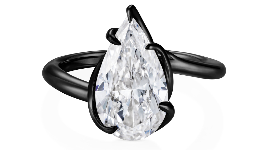 Thelma West “Rebel Black Ring” featuring a 5.01-carat pear-shaped, D-color diamond; $400,000. (Image courtesy of Sotheby’s) Thelma West “Rebel Black Ring” featuring a 5.01-carat pear-shaped, D-color diamond; $400,000. (Image courtesy of Sotheby’s)