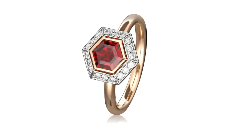 <a href=" https://www.hancocks-london.com/product/0-92ct-vivid-red-burmese-spinel-ring-with-diamond-surround-in-18ct-rose-gold/" target="_blank"> Hancocks London</a> vivid red Burmese spinel ring with diamonds set in 18-karat rose gold ($7,894)