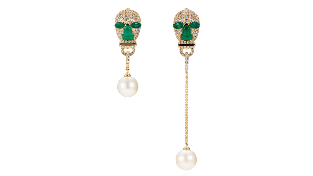 Matturi “Nomoli Totem Mis-match” earrings in 18-karat yellow gold with 1.69 carats of brilliant-cut diamonds, emeralds, and South Sea pearls; $12,873. (Image courtesy of Sotheby’s)