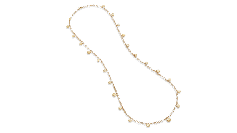 This Marco Bicego "Jaipur Collection" 18-karat yellow gold engraved and polished charm long necklace is making its debut at the Centurion jewelry trade show this week. ($5,290)