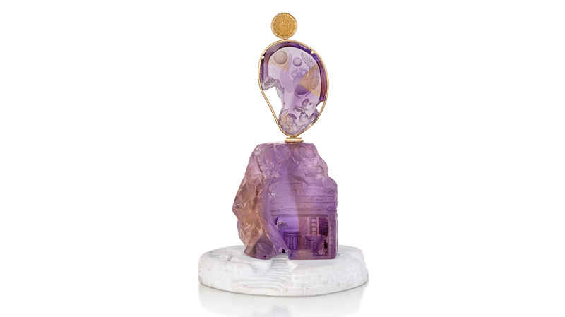 <b>Objects of Art, First Place.</b> Dalan Hargrave of GemStarz Jewelry’s 900-carat ametrine accented with citrine and chrome diopside essence bottle