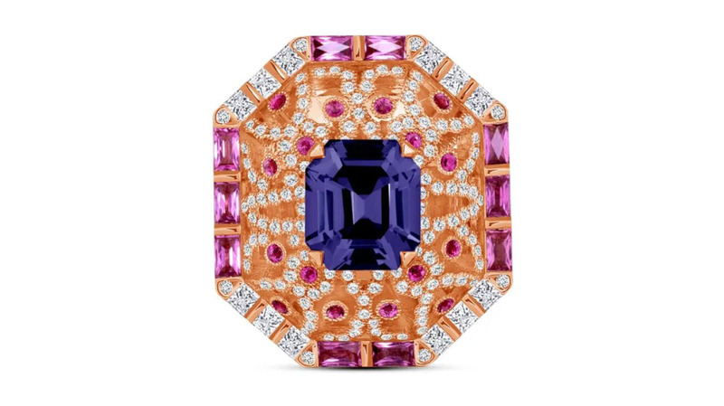 Supplier: Best in Show. AG Gems, Designed by Raja Mehta. 18-karat rose and white gold ring featuring a 4.38-carat untreated Burmese spinel, Ceylon pink sapphire baguettes (1.82 total carats), Ceylon round pink sapphires (0.73 total carats, round brilliant-cut diamonds (0.97 carats) and princess-cut diamonds (0.62 carats) ($30,000)