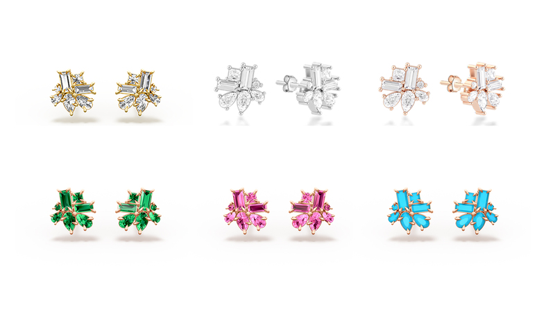 A pair of Dorian Webb studs in different metals, set with diamonds or gemstones