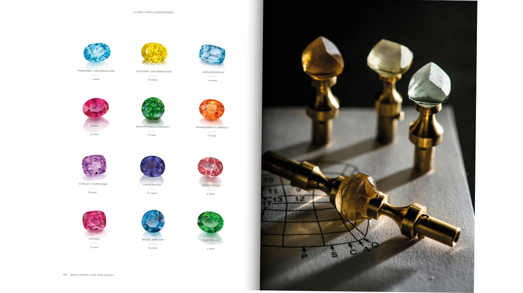 A look at two of the pages in Constantin Wild’s new book inviting readers into their world of precious colored gemstones