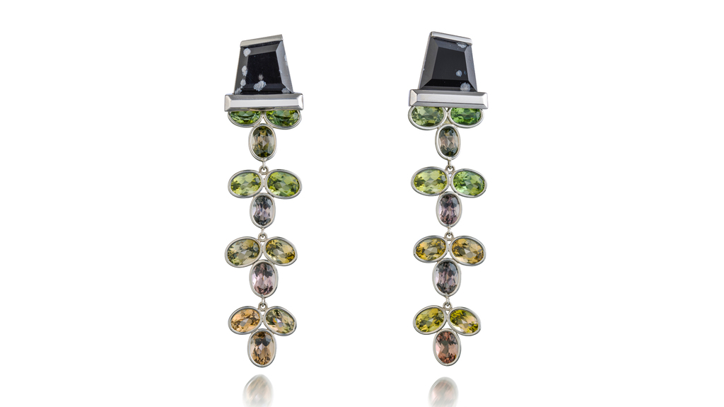 Earrings with snowflake obsidian pots and tourmaline flowers set in platinum ($24,900) Earrings with snowflake obsidian pots and tourmaline flowers set in platinum ($24,900)