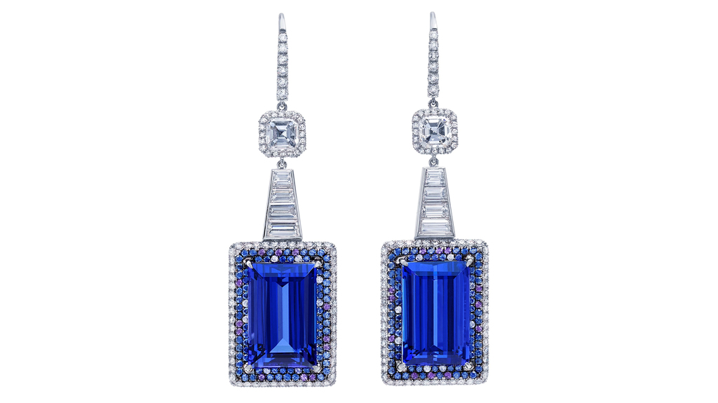 Baguette-cut tanzanite earrings (25.71 total carats) with white diamonds from the Martin Katz “New York” collection ($89,000)