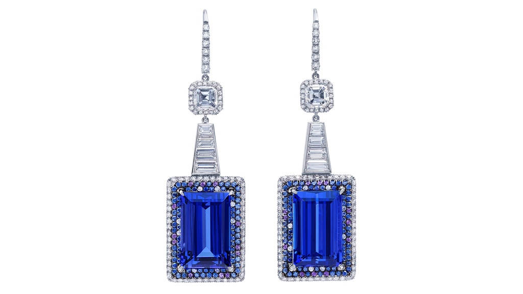 Baguette-cut tanzanite earrings (25.71 total carats) with white diamonds from the Martin Katz “New York” collection ($89,000) Baguette-cut tanzanite earrings (25.71 total carats) with white diamonds from the Martin Katz “New York” collection ($89,000)