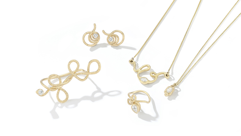 The pieces in Angely Martinez’s “Fertile Ascension” collection are, clockwise from left, the “Mother Earth” ring ($13,640), the “Union” earrings ($8,426), the “Fertility” pendant ($8,580), the “Birth” necklace ($6,171) and the “Promise” ring ($7,080). All pieces are available in 14-karat yellow, rose or white gold.