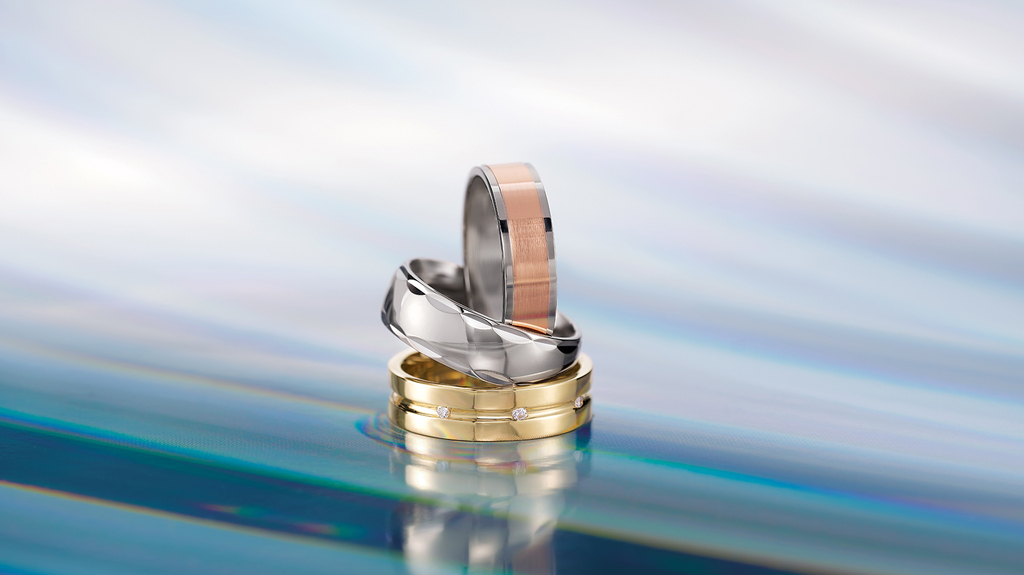 Stuller’s new “Axis” collection, featuring built-to-last men’s wedding bands.