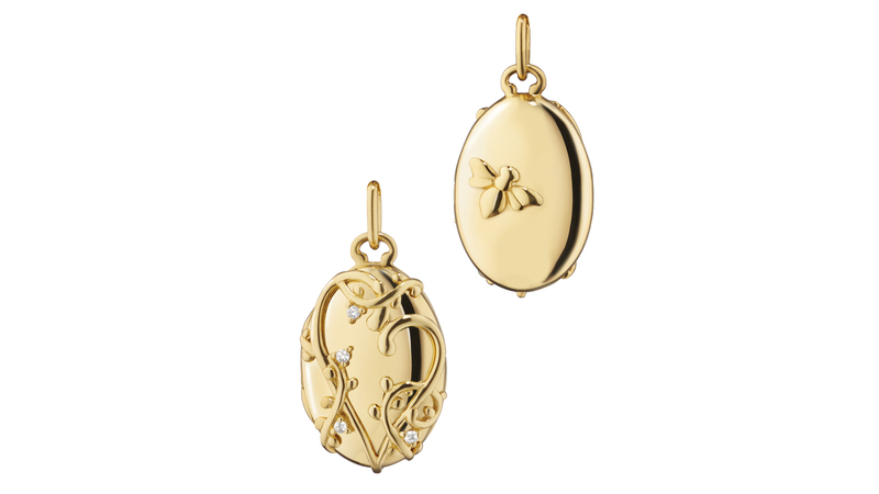 The vines on the “Wisteria” locket bend themselves into the shape of a heart and of a “B,” a nod to the Bridgerton family, while the series’ symbolic bee is on the back. The locket retails for $2,695 on its own in 18-karat gold, and $3,250 on an 18-karat gold chain.