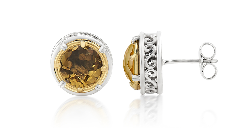 <a href="https://anatolijewelry.com/" target="_blank"> Anatoli</a> “Fiori” golden citrine studs in two-tone sterling silver with 18-karat gold accents ($185)