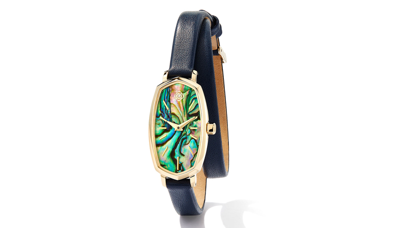The “Elle” gold tone stainless steel leather wrap watch with an abalone dial ($198)