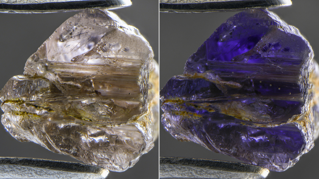 Johnkoivulaite was confirmed as a new mineral species in 2019 after a gemologist discovered a 1.16-carat crystal of the material in Mogok, Myanmar. It shows strong pleochroism, going from near-colorless, as seen here on the left, to violet, as seen at right, when examined with polarized light.