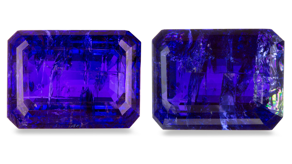 Pictured at left is a large tanzanite found to contain oil. The photo at right shows how the highly reflective fissures in the stone became obvious after the oil was removed. (Photo credit: Chanon Yimkeativong/Lotus Gemology)