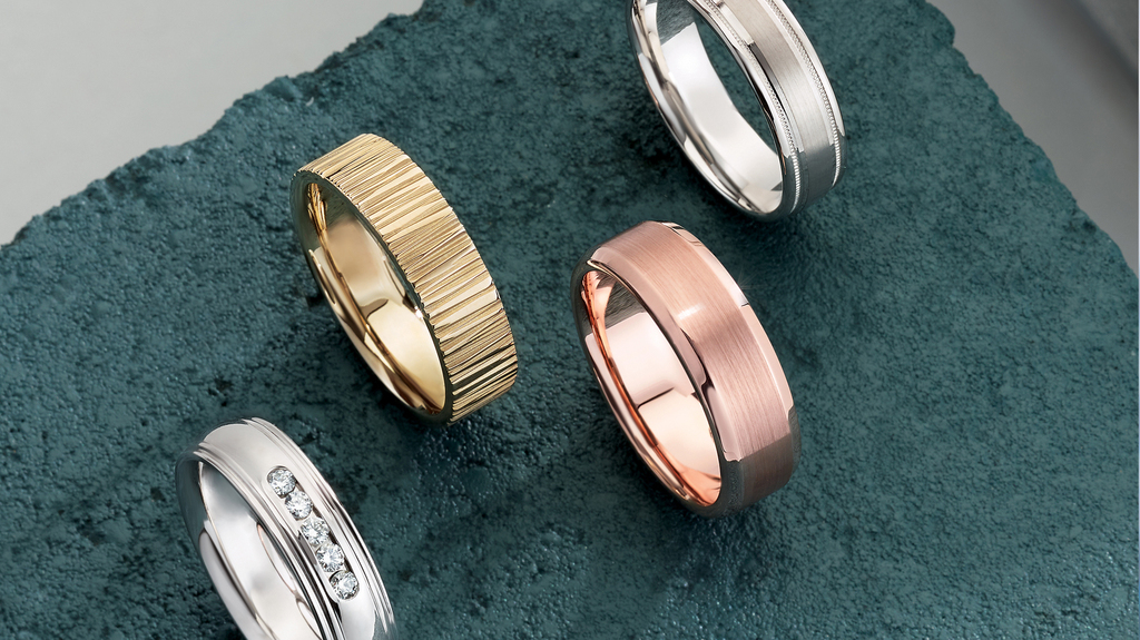 “Axis” wedding bands are crafted via the cold drawing process.
