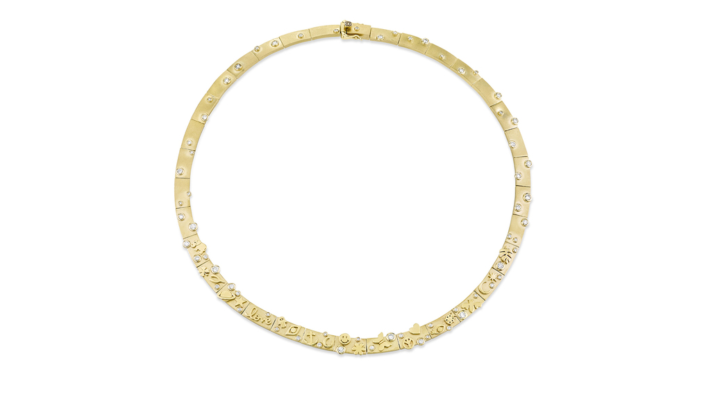 This 14-karat yellow gold and diamond anniversary necklace features Sydney Evan’s most iconic motifs (price upon request). This 14-karat yellow gold and diamond anniversary necklace features Sydney Evan’s most iconic motifs (price upon request).