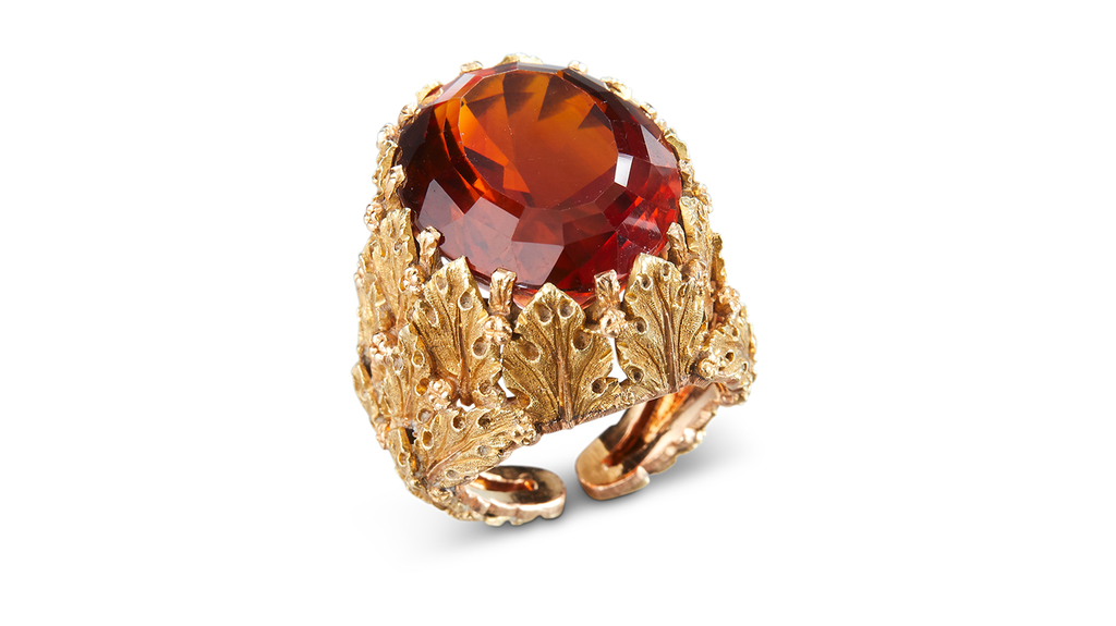 The “Foglie D’Autunno” cocktail ring, circa the 1960s, features a 20-carat faceted oval-cut citrine. The “Foglie D’Autunno” cocktail ring, circa the 1960s, features a 20-carat faceted oval-cut citrine.