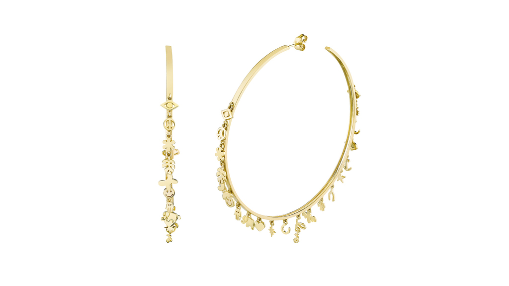 “20th Anniversary Large Hoops with Charms” in 14-karat yellow gold with diamonds ($5,195) “20th Anniversary Large Hoops with Charms” in 14-karat yellow gold with diamonds ($5,195)